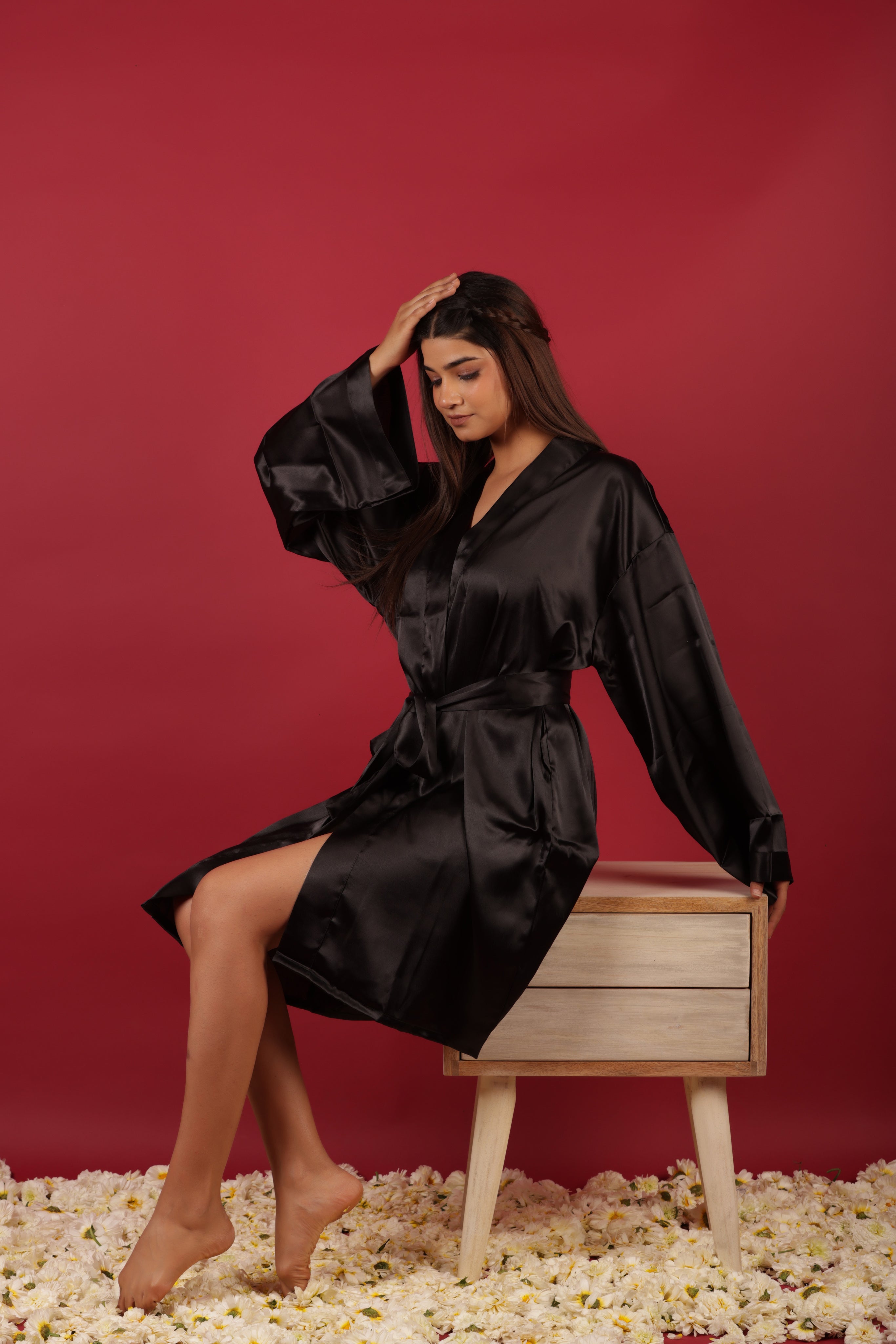 Black Satin Kimono Resort Dressing Gown Bathrobe For Her
